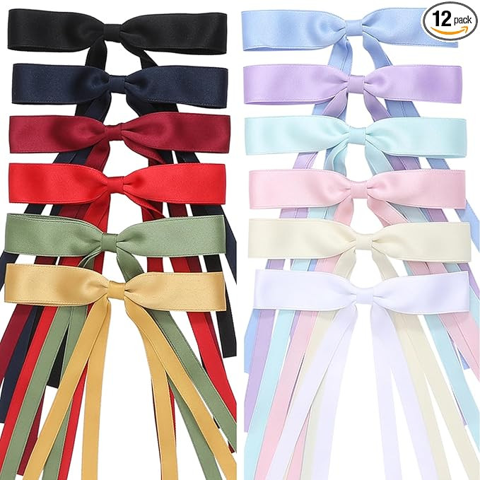 Hair Bows Set: 12 PCS Ribbon Bowknot Clips and Barrettes with Long Tails for Women and Girls (12 ... | Amazon (US)