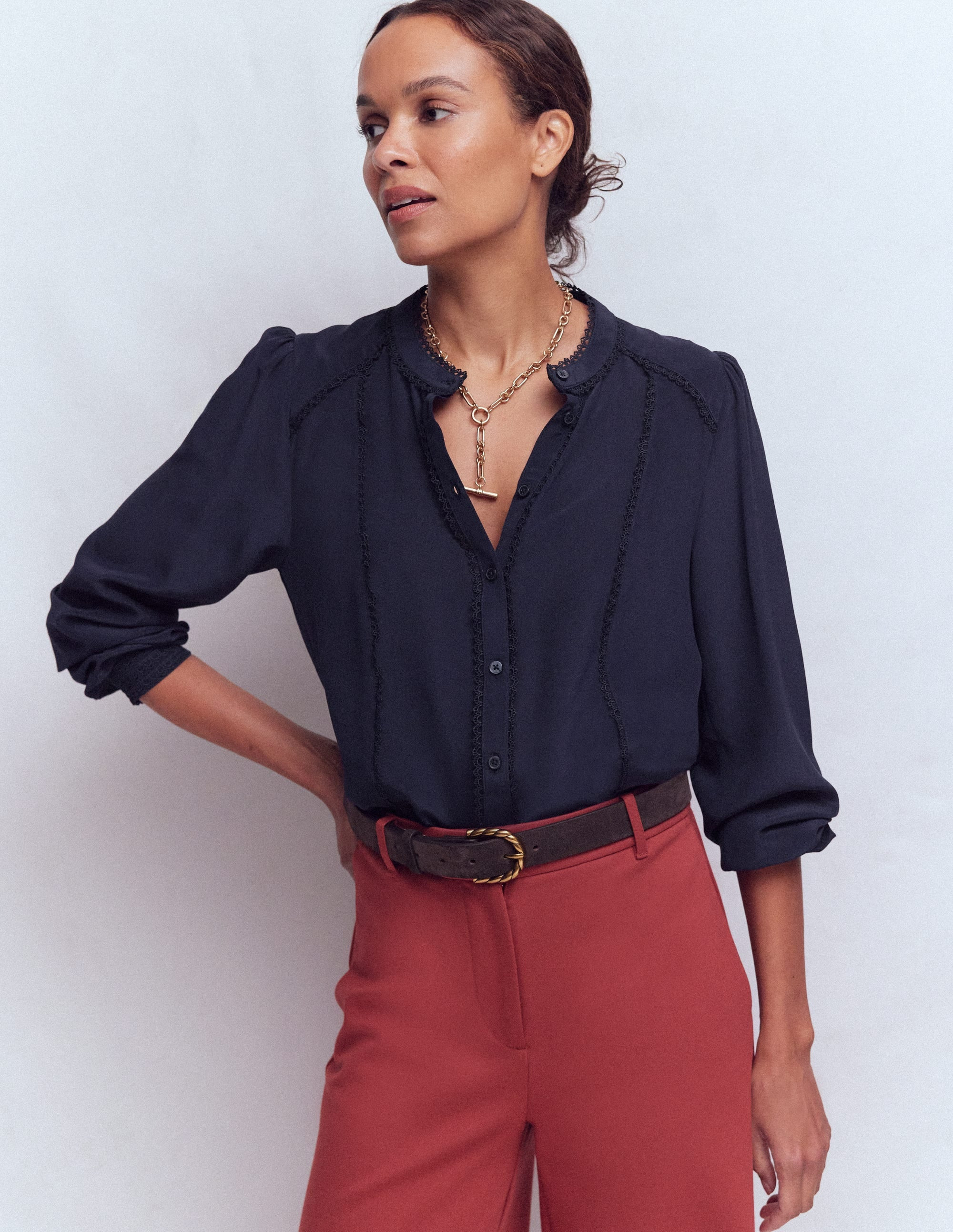 Rhea Trim Detail Silk Top-Navy | Boden UK