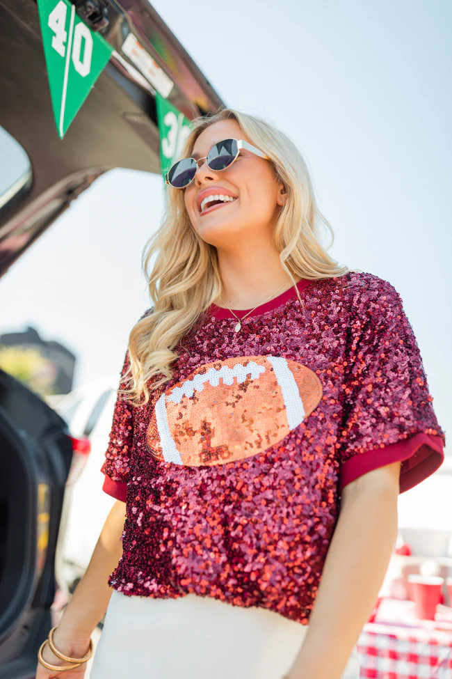 Go Long Burgundy Sequin Football Top | Pink Lily