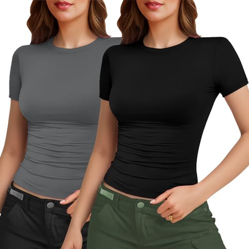 Womens Casual Basic Crop Tops Summer Autumn Black Short Sleeve Crew Neck T Shirts Slim Fit Tees Plain Going Out Y2k Tight Fitted Compression Plain Sexy Tops Baby Tee Shirt Trendy Clothes BlackGreyM | Amazon (US)