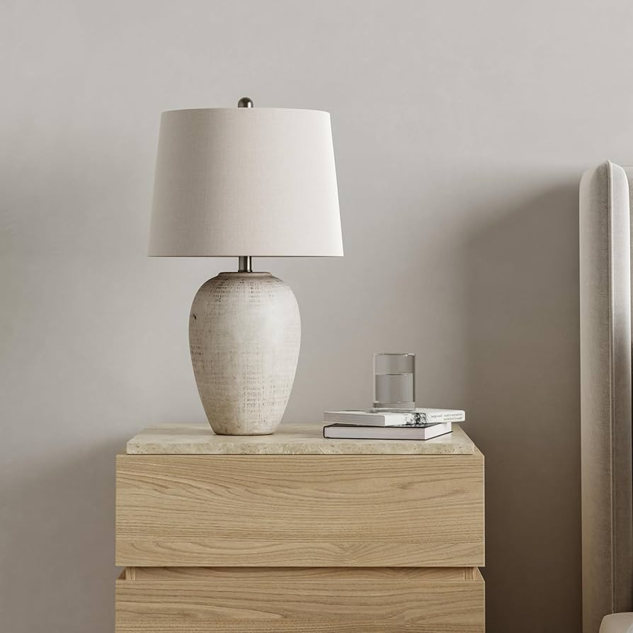 Nourison Home 23" Distressed Cream/Beige Rustic Ceramic Jar Table Lamp for Bedroom, Living Room, ... | Amazon (US)