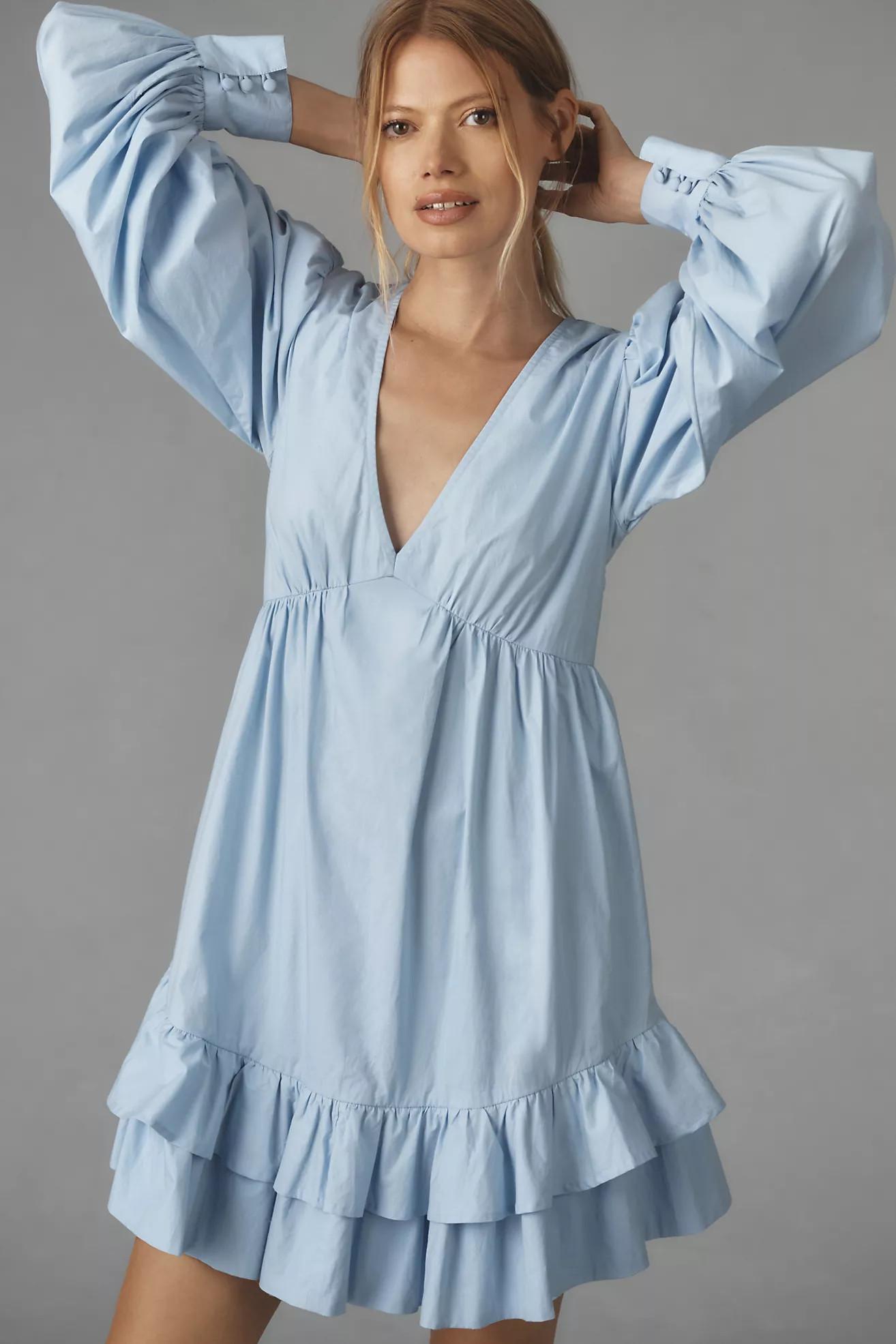 Maeve Long-Sleeve V-Neck Ruffle Mini Dress | Anthropologie (US)
