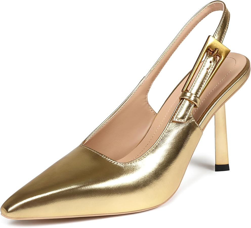 Women's Slingback Stiletto High Heels Square Toe with Metal Buckle Strap Slip On Pumps Backless P... | Amazon (US)