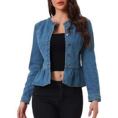 INSPIRE CHIC Women's Peplum Collarless Round Neck Button Down Cropped Ruffle Hem Denim Jackets Small Denim Blue | Target