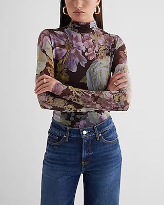 Fitted Mesh Floral Mock Neck Long Sleeve Bodysuit | Express