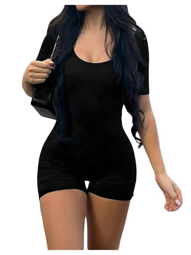 WDIRARA Women's Workout Yoga Bodycon Romper Short Sleeve Scoop Neck Shorts Jumpsuit Black X-Small | Amazon (US)