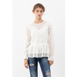Crochet Lace Tiered Peplum Top in White | Chicwish