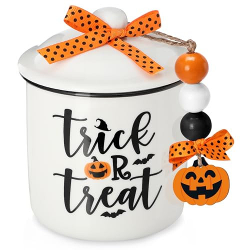 Nefelibata Trick or Treat Ceramic Canister Holiday Candy Bowl Tiered Tray Decor Candy Holder with Buffalo Plaid Bowknot Pumpkin Wood Beads Home Table Centerpiece Decoration Supplies Gift Idea | Amazon (US)