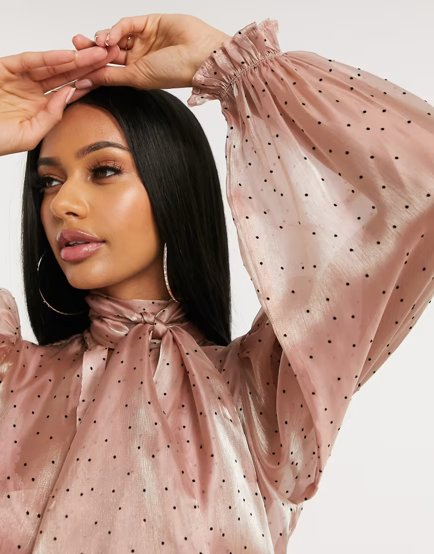 Saint Genies tie neck balloon sleeve organza shirt in blush polka print-Pink | ASOS (Global)
