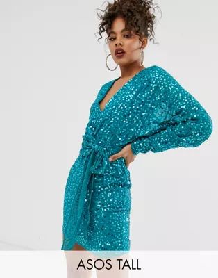 ASOS DESIGN Tall mini dress with batwing sleeve and wrap waist in scatter sequin | ASOS US