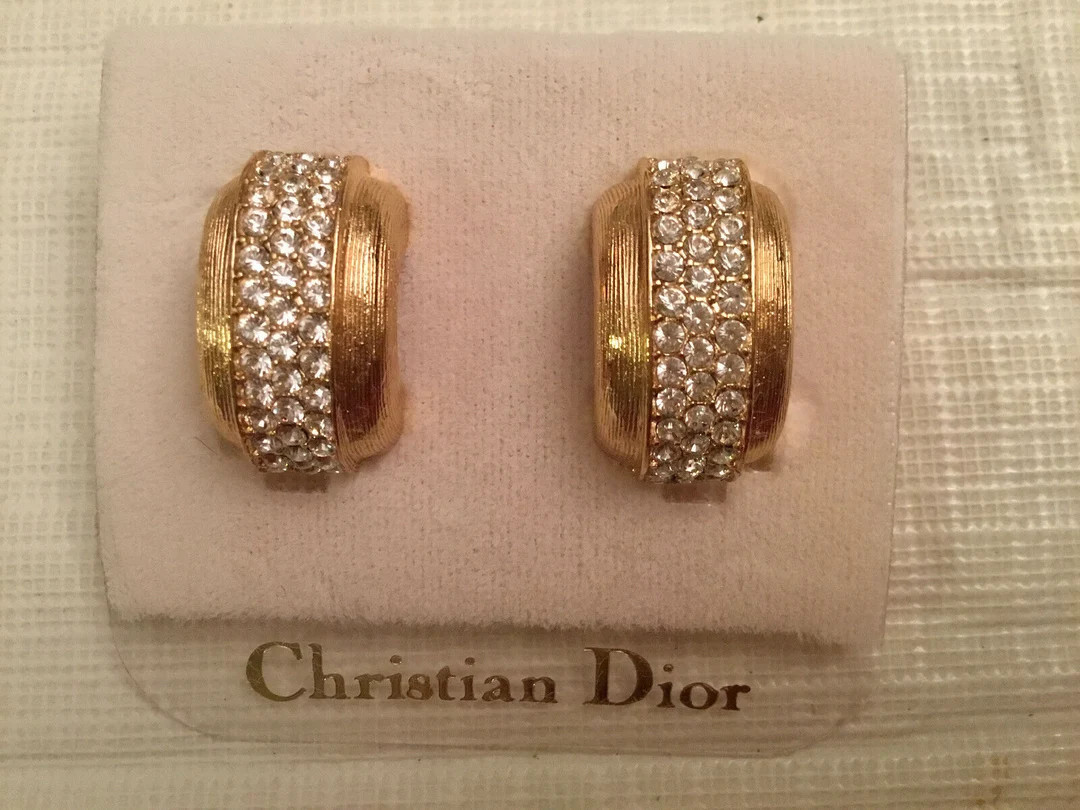 Christian Dior Signed Gold Plated Huggies Clip-on Earrings Set With Crystals - Etsy | Etsy (US)