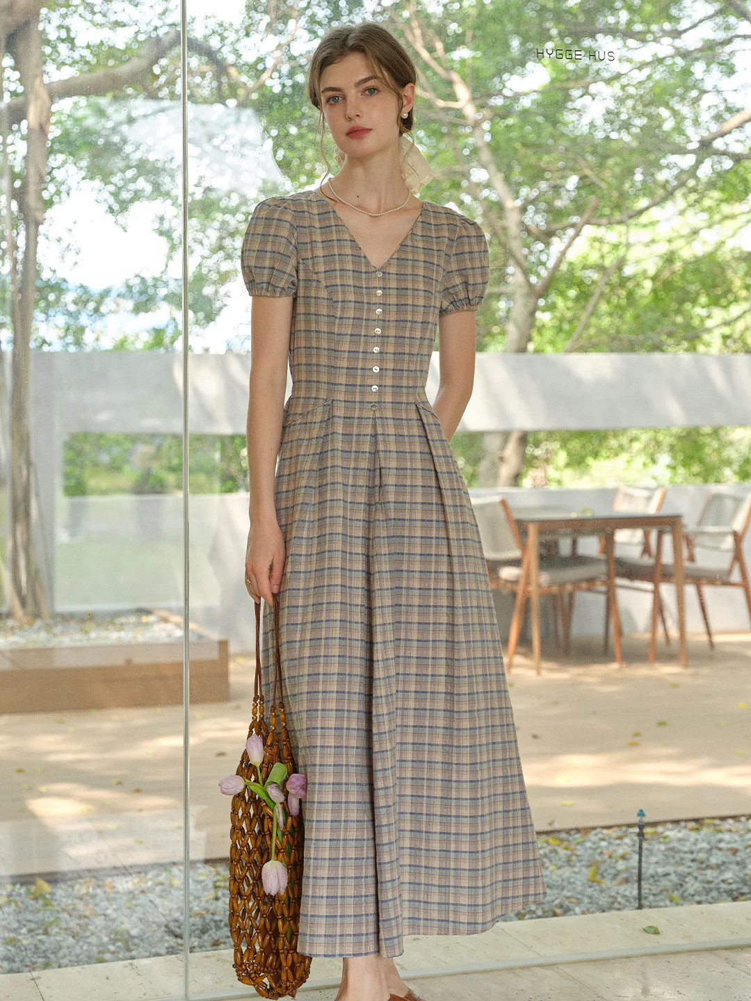 Nyra V-Neck Plaid 100% Cotton Dress | Simple Retro