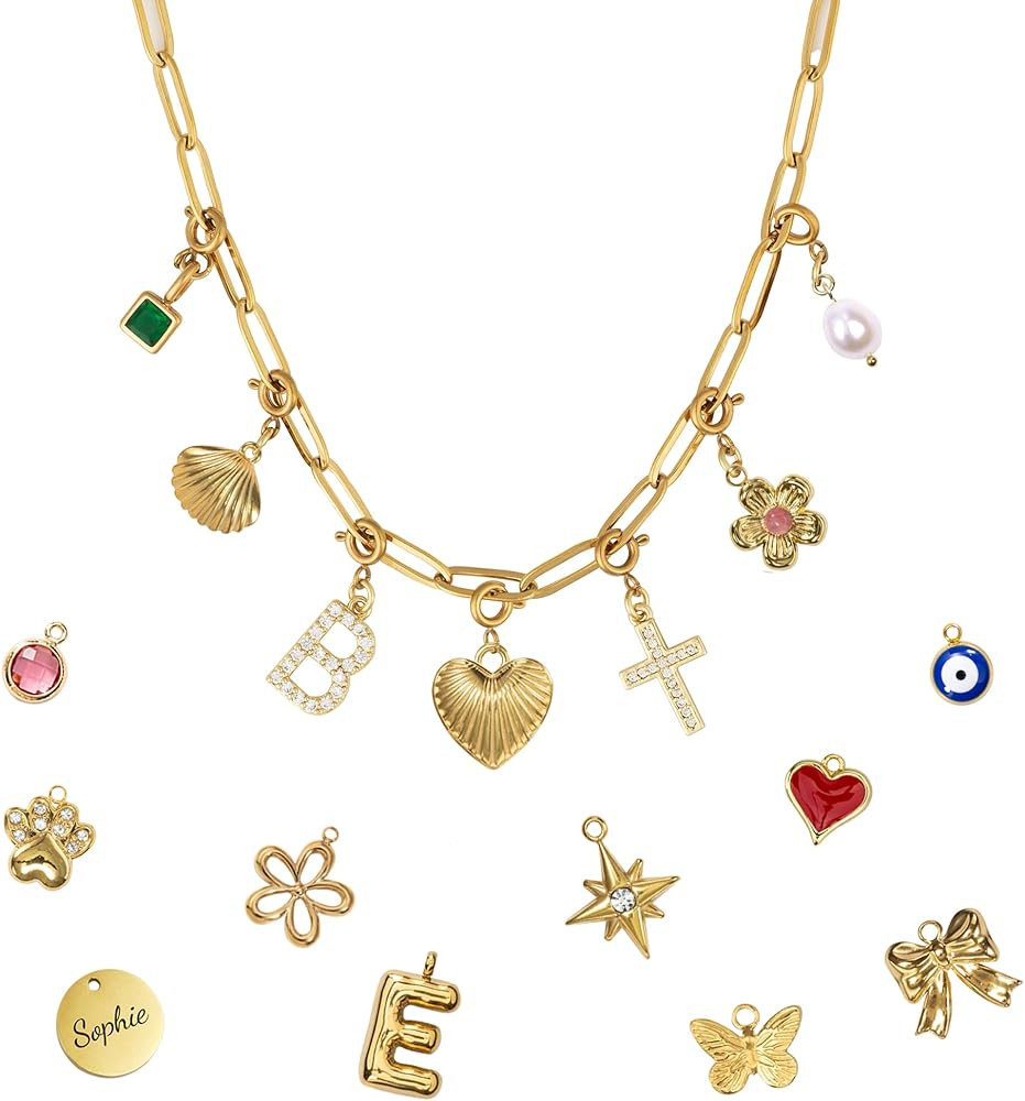 Build Your Own Custom Gold Charm Necklace, Statement Vintage Style Chunky Paperclip Link Chain Ne... | Amazon (US)