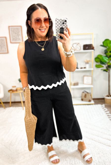 New wide leg 2 piece set from Amazon!  Has the cutest button detail on the back. Love the length on the pants. This set was really easy to put on and very comfortable!  Love this one for vacation!  Sandals fit tts.

#LTKmidsize #LTKfindsunder50 #LTKSeasonal