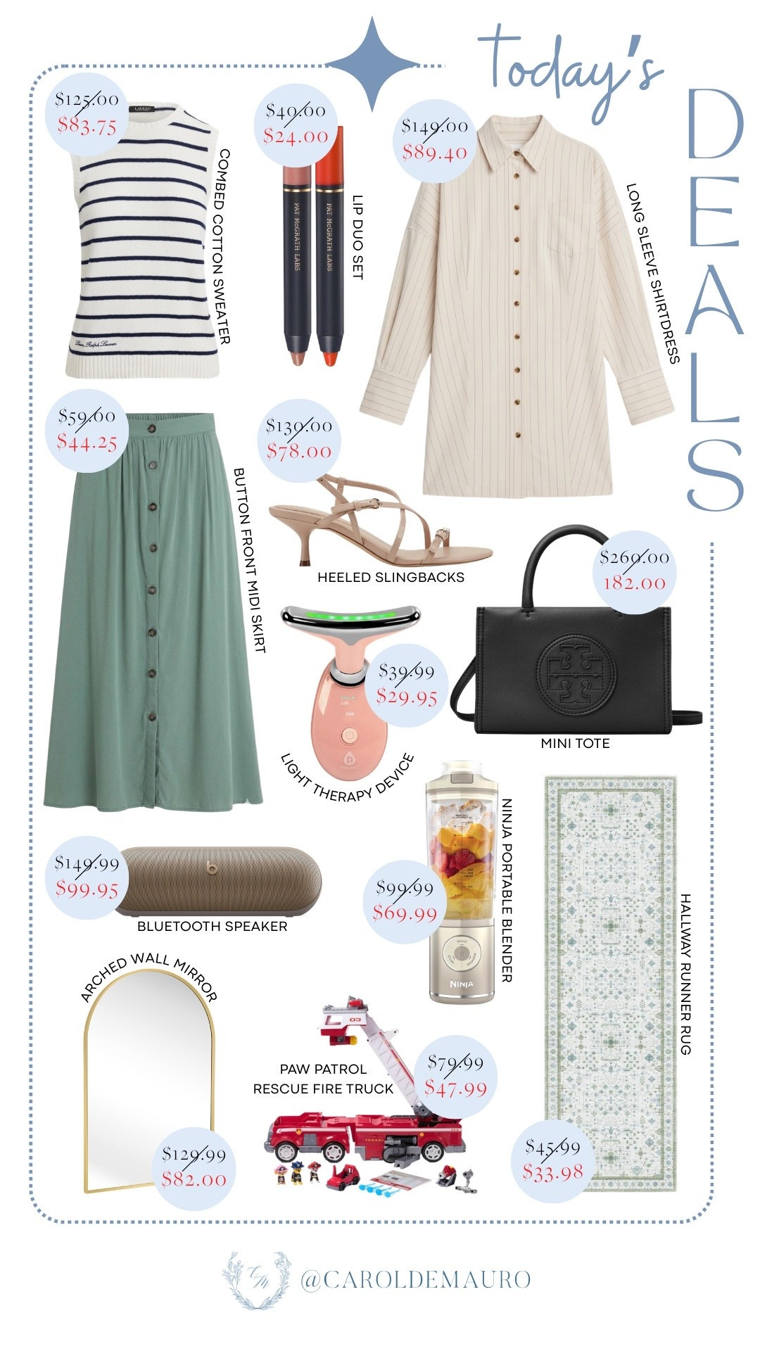 Today’s curated selection features timeless essentials for your home, wellness routine, and signature style! You'll love this Ralph Lauren combed cotton sweater, a button-front midi skirt, a Tory Burch black mini tote, a Pat McGrath lip duo set, a Pursonic light therapy device, an arched wall mirror, a classic hallway runner rug, and a Ninja Portable blender.

on sale now, bestsellers, spring fashion, skincare finds, electronic gadgets, home decor, kid toys, budget friendly, paw patrol, beats pill

#LTKSeasonal #LTKSaleAlert #LTKU