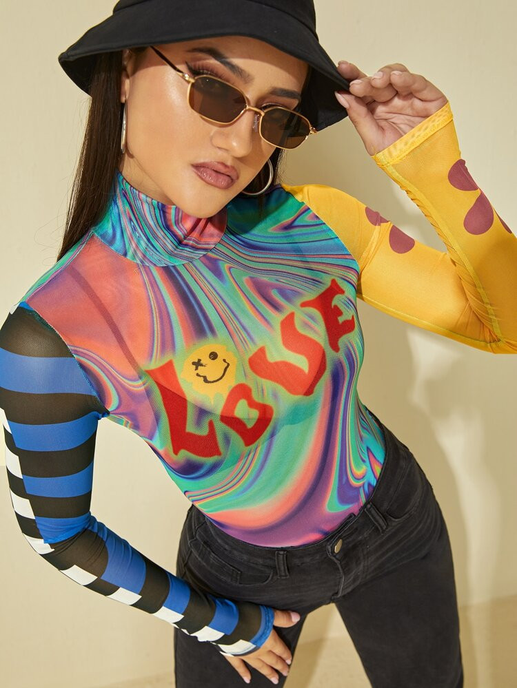 SHEIN ICON Mock Neck Letter & Cartoon & Striped Pattern Colorblock Top | SHEIN