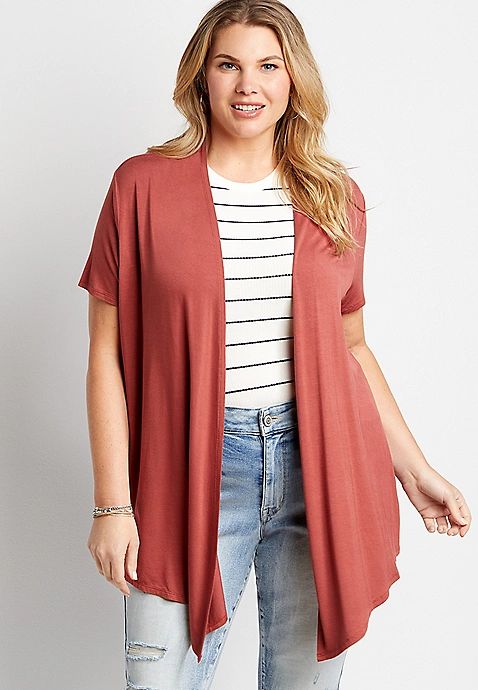 Plus Size Solid Short Sleeve Open Front Cardigan | Maurices