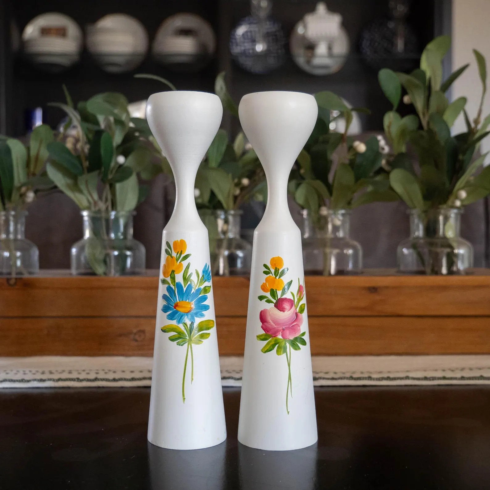 Danish Modern Wooden Candle Holders Hand Painted Floral Denmark, 1960s Cottage Core Scandi Design... | Etsy (US)