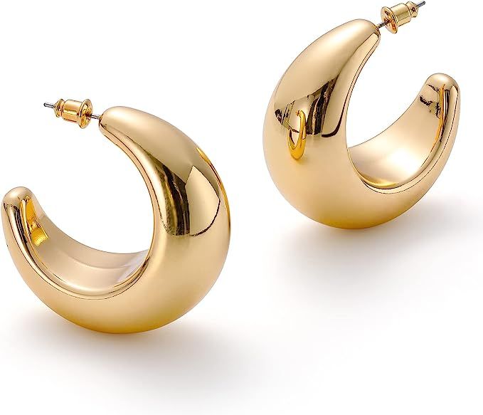Wonlte Chunky Gold Hoop Earrings for Women, 14K Gold Plated Hoop Earrings Lightweight Stainless S... | Amazon (US)