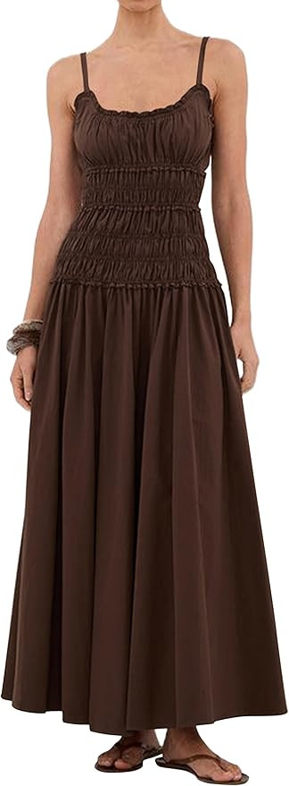 Womens Summer Spaghetti Strap Maxi Dress Scoop Neck Ruched Flowy Long Dresses Casual Sleeveless C... | Amazon (US)