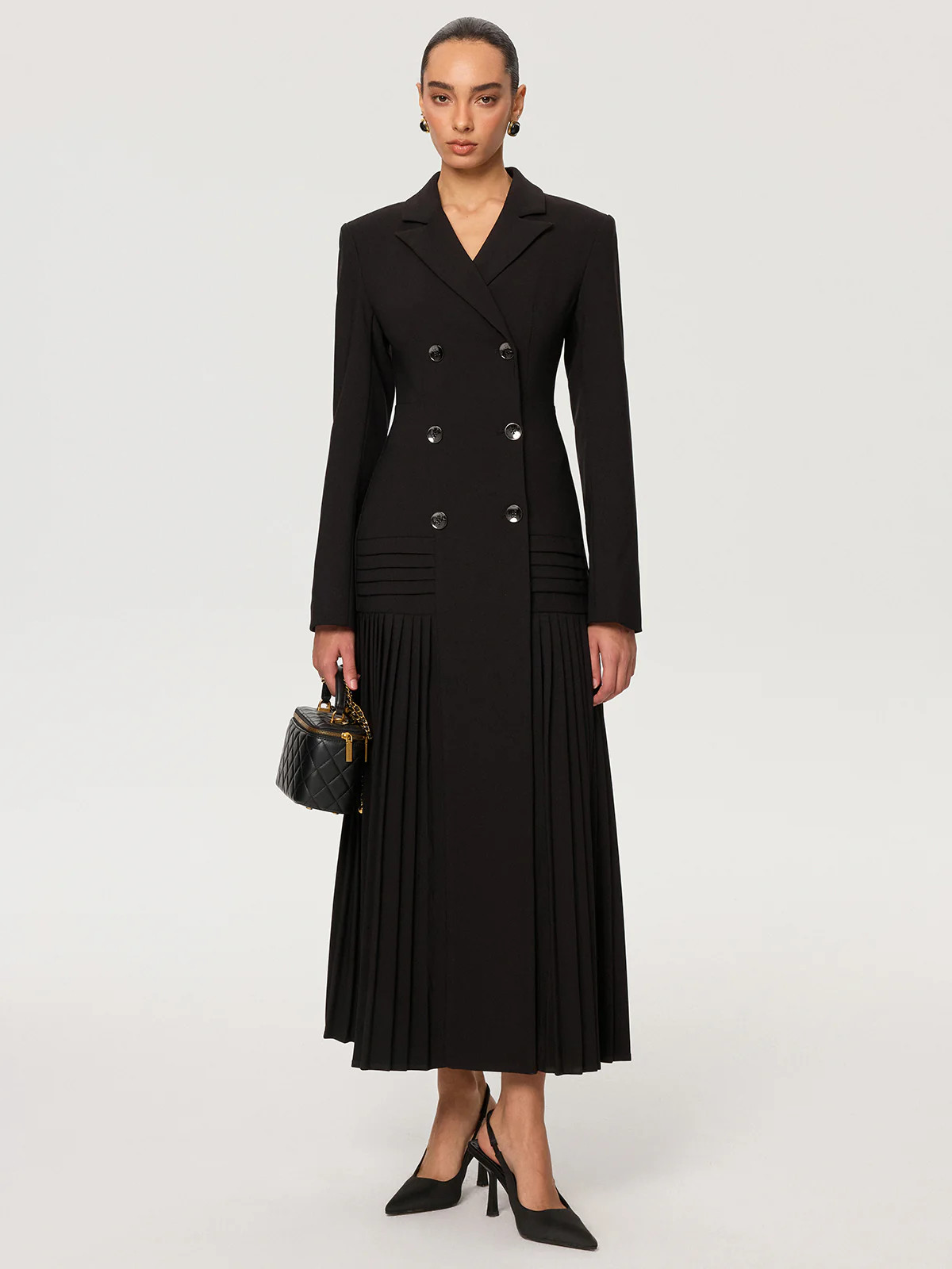 Pleated Hem Double-Breasted Blazer Coat | Commense