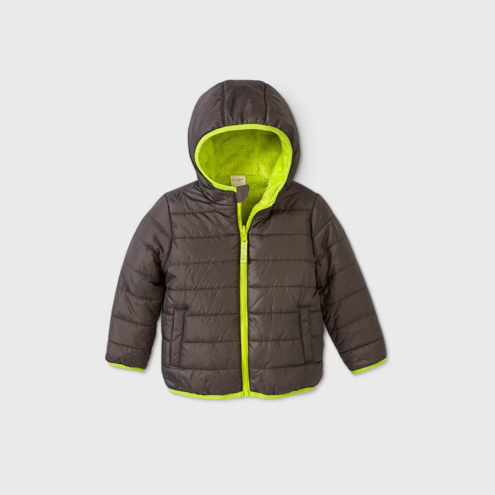 Toddler Boys' Reversible Puffer Jacket - Cat & Jack Gray/Lime Yellow 4T | Target