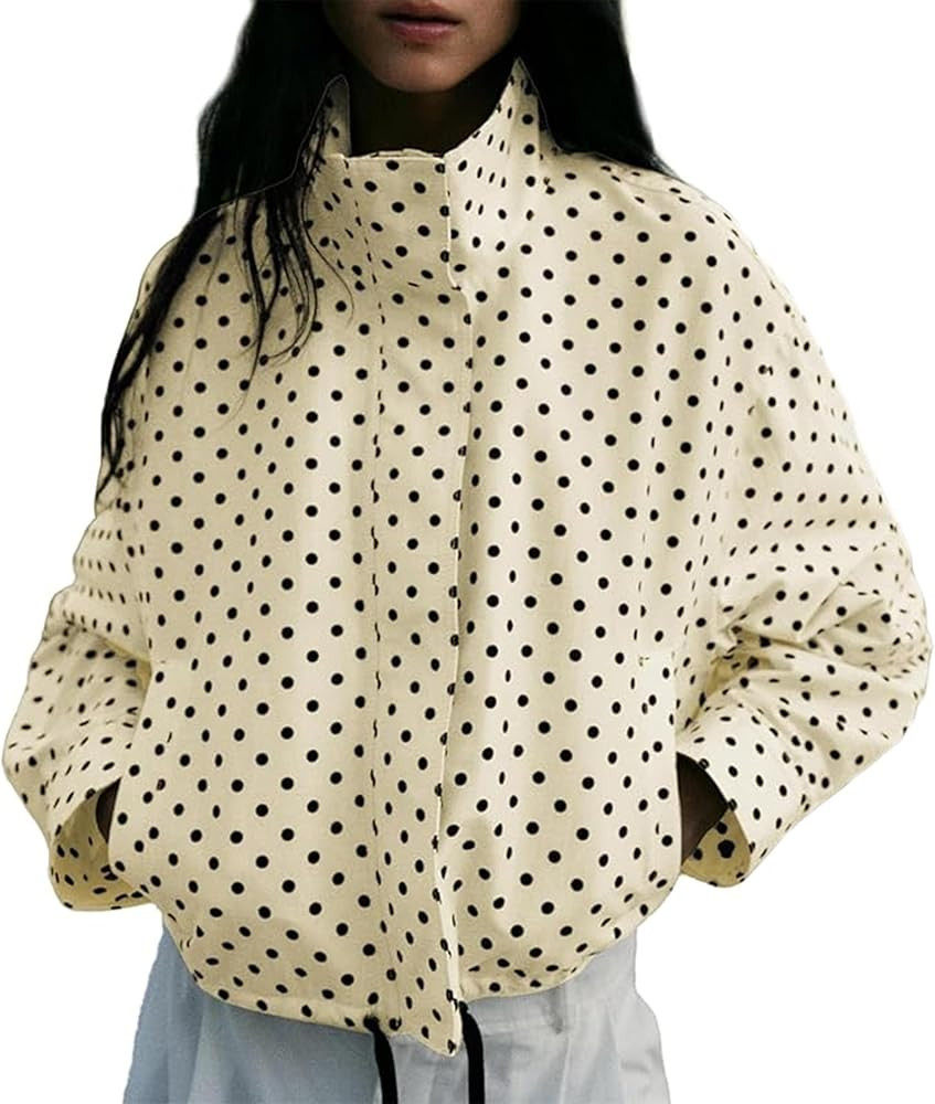 Women Polka Dot Jacket Stand Collar Cropped Jackets Zip Up Coat Casual Fashion Coat Fall Spring J... | Amazon (US)