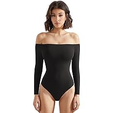 SUUKSESS Women Off the Shoulder Long Sleeve Bodysuit Double Lined Thong Bodysuit | Amazon (US)
