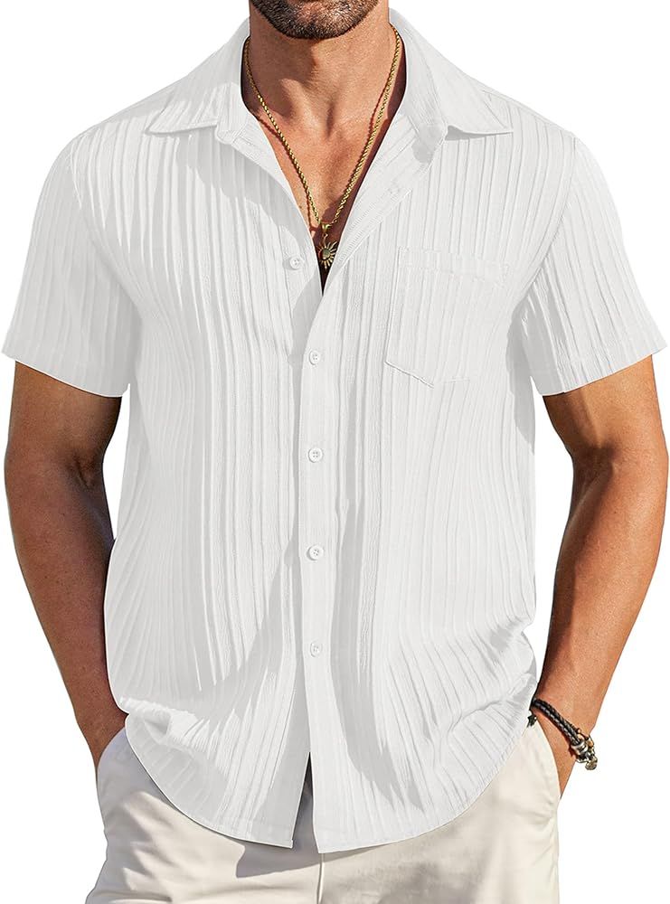 Amazon.com: COOFANDY Men's Summer Linen Shirts Short Sleeve Button Down Shirts for Men Fashion Be... | Amazon (US)