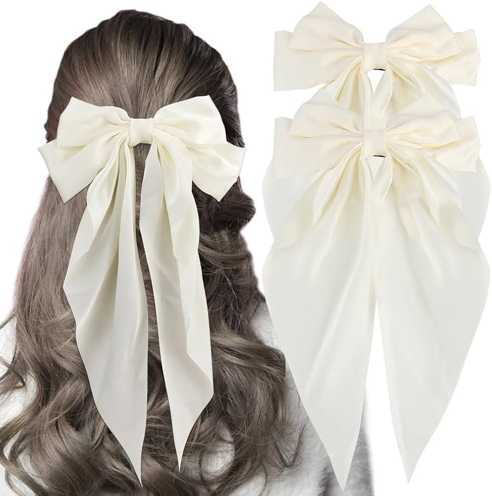 Exacoo White Hair Bows for Women 2Pcs Silky Satin Hair Bow Clips Hair Ribbon Oversized Long Tail ... | Amazon (US)