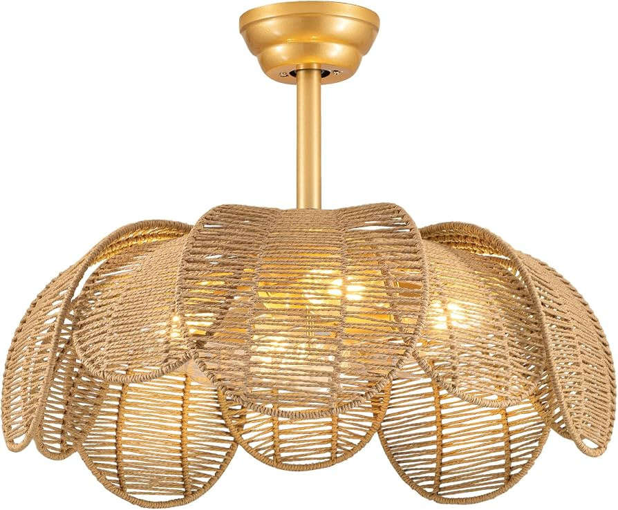 Boho Rattan Ceiling Fans with Lights and Remote,Gold Flower Bladeless Fandelier for Dining Room,B... | Amazon (US)