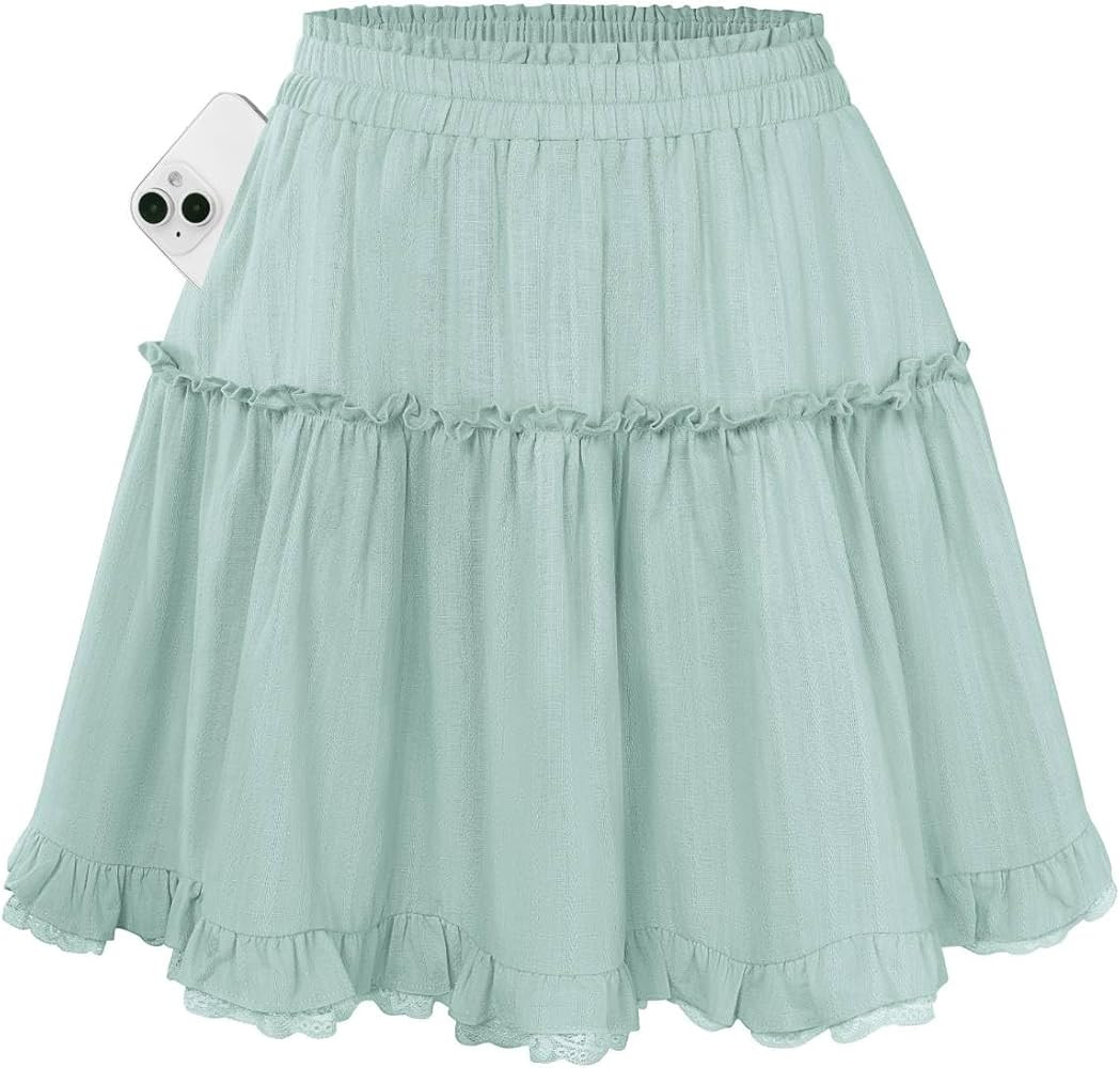 Amazon.com: Kate Kasin Women Green Ruffle Mini Skirts with Pockets, Flowy Summer Skorts Dressy Ca... | Amazon (US)