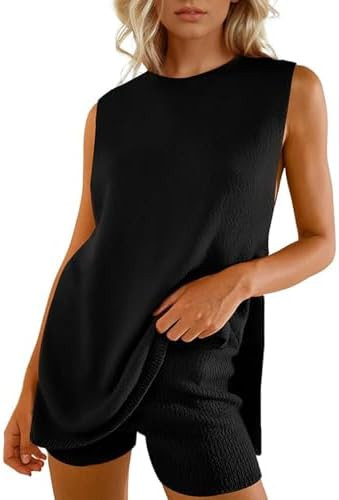 Wyeysyt 2 Piece Sets for Women Summer, Sweater Set Sleeveless Tunic Top and Shorts Beach Vacation... | Amazon (US)