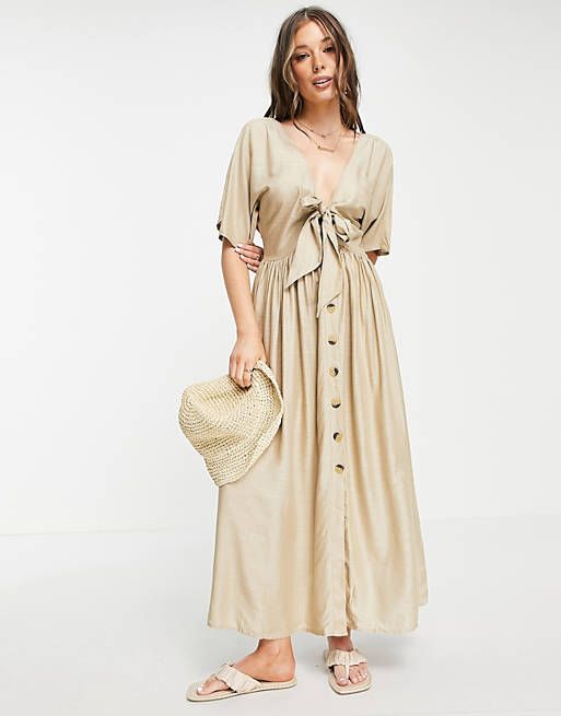 ASOS DESIGN knot front button through maxi dress in beige | ASOS (Global)