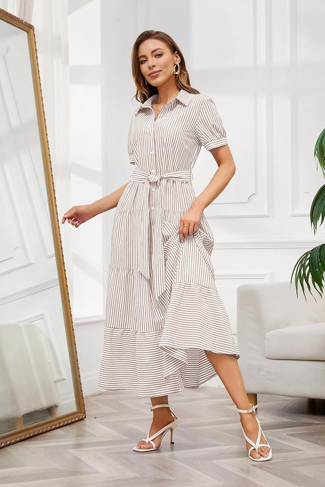 utcoco Womens Casual Short Sleeve Button Down Tie Waist Ruffled Striped Maxi Shirt Dress | Amazon (US)