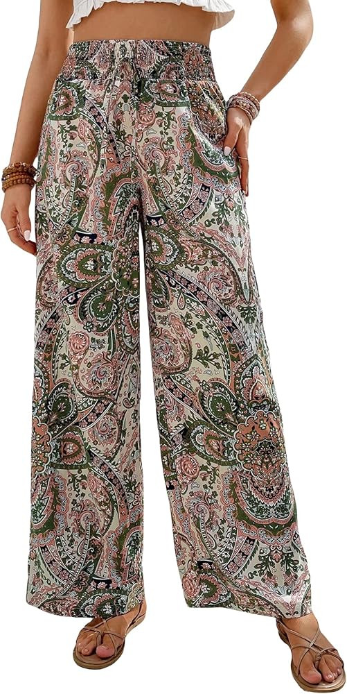 OYOANGLE Women's Boho Paisley Print High Elastic Waist Loose Wide Leg Pants Palazzo Trousers | Amazon (US)