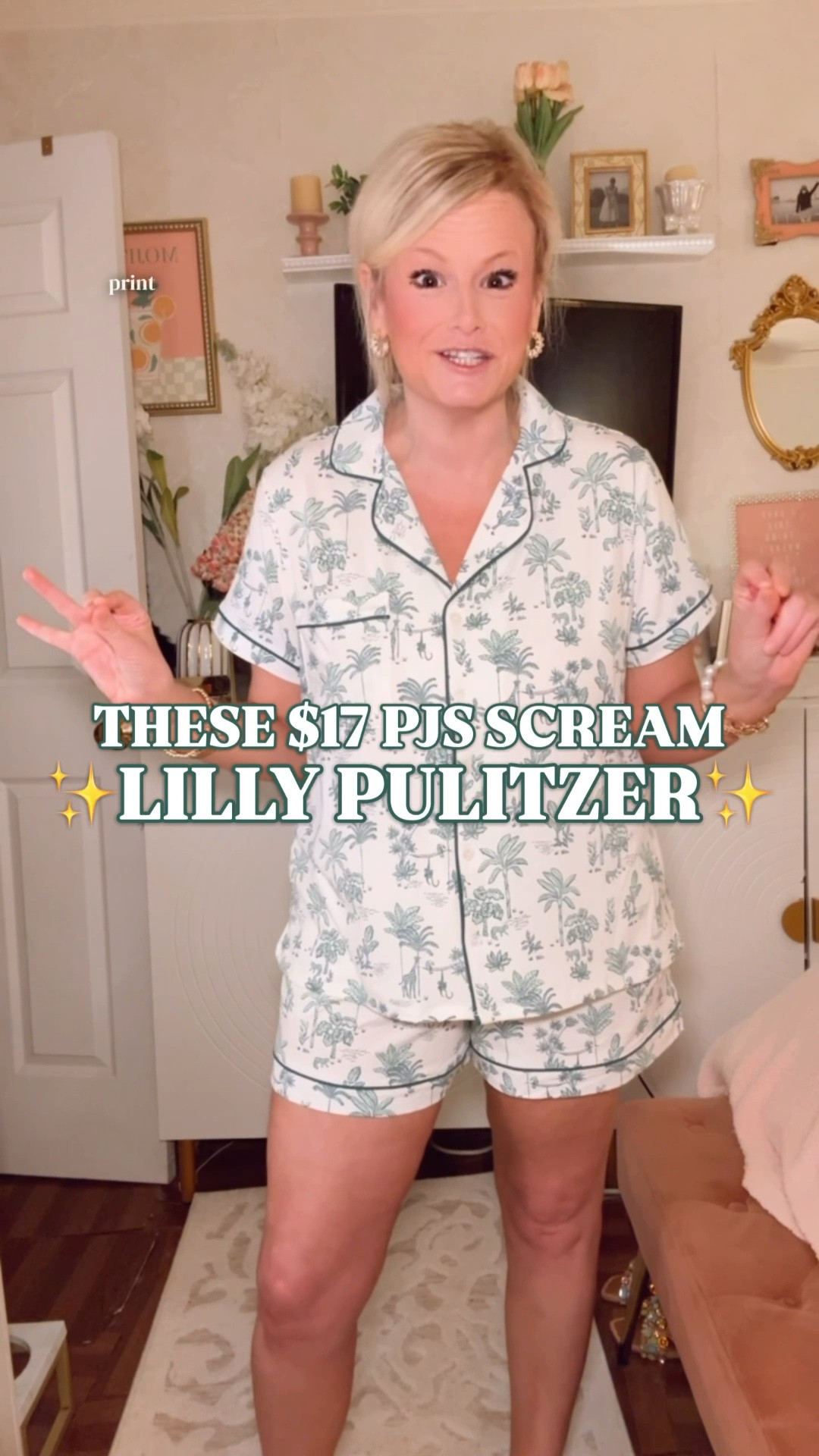 Lilly Pulitzer inspired pajamas | Joyspun pajamas | Walmart pajama set | green toile pajamas | preppy pajamas

These $17 Joyspun pajamas from Walmart scream Lilly Pulitzer, and the green jungle toile print is exactly why they are my favorite from the newest pajama drop.

The crisp white background, green palm print, contrast piping, notch collar, button-front top, matching pull-on shorts, elastic waistband, pockets, and classic short sleeve pajama shape make them feel so much more polished than $17 pajamas should.

I’m in a large for a roomy fit. The fabric is a soft jersey blend with stretch, so they are easy for sleeping, lounging, packing, and summer mornings at home.

This is the pajama set for the Lilly girl who wants her sleepwear to feel cute too. Beach trips, lake weekends, girls trips, vacation packing, bachelorette weekends, summer sleepwear, morning coffee, slow Sundays, and pajama drawers that deserve better than random old tees.

The print gives playful Palm Beach resort energy, the piping makes them look finished, and the price makes grabbing them almost too easy.

If you love Lilly Pulitzer style, Lilly P inspired pajamas, green toile pajamas, preppy pajamas, printed pajama sets, Walmart pajamas, Joyspun pajamas, vacation pajamas, beach trip pajamas, matching pajama sets, short sleeve pajama sets, pajama sets with pockets, and affordable sleepwear that looks more expensive, these are the $17 Walmart pajamas to grab.

Joyspun pajamas, Walmart pajamas, Walmart pajama set, Lilly Pulitzer inspired pajamas, Lilly P pajamas, Lilly Pulitzer look for less, green toile pajamas, jungle toile pajamas, palm print pajamas, preppy pajamas women, printed pajama set, short sleeve pajama set, shorts pajama set, matching pajama set, vacation pajamas, beach trip pajamas, girls trip pajamas, summer pajamas, soft pajamas, pajama set with pockets, affordable pajamas, designer look for less

#LTKFindsUnder50 #LillyPulitzer #PreppyStyle #LookForLess #SummerPajamas #WalmartStyle #WalmartFinds #PalmBeachStyle #ResortStyle

#LTKTravel #LTKSeasonal #LTKSaleAlert