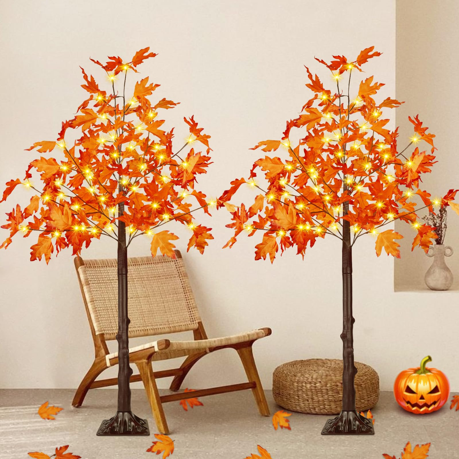 2 Pack 4FT Artificial Lighted Maple Tree, Fall Decorations for Home with Timer, 100 LED Prelit Fall Decor Maple Tree with Warm White Light for Indoor Outdoor Harvest Halloween Thanksgiving Day, Orange | Amazon (US)