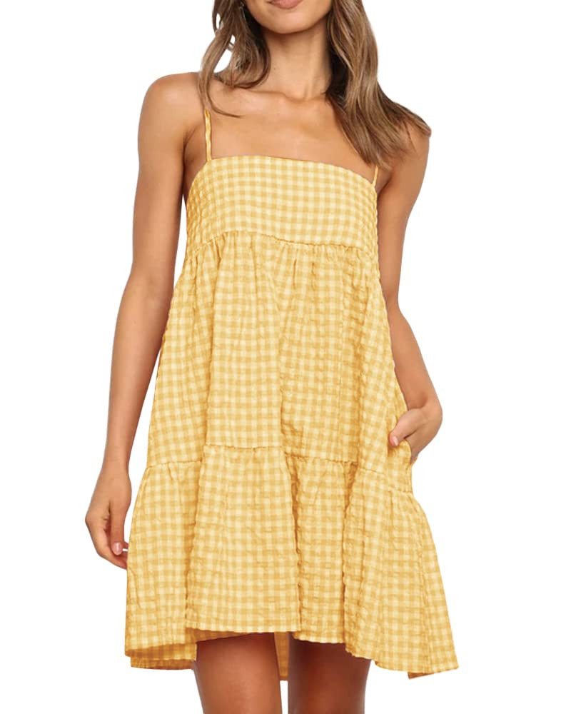 Womens Plaid A-line Dresses Shoulder Straps Ruffle Hem Casual Mini Dress with Side Pocket | Amazon (US)