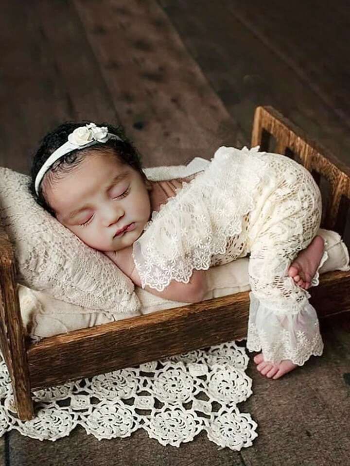 Baby Girl Contrast Lace Jumpsuit & Headband Photo Outfit | SHEIN