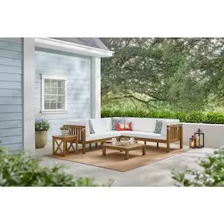 Hampton Bay Ayrshire Natural Brown Patio 4-Piece Wood Outdoor Sectional Set with CushionGuard Whi... | The Home Depot