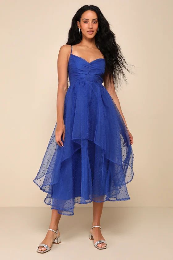 Favorite Event Cobalt Blue Swiss Dot Pleated Tiered Midi Dress | Lulus
