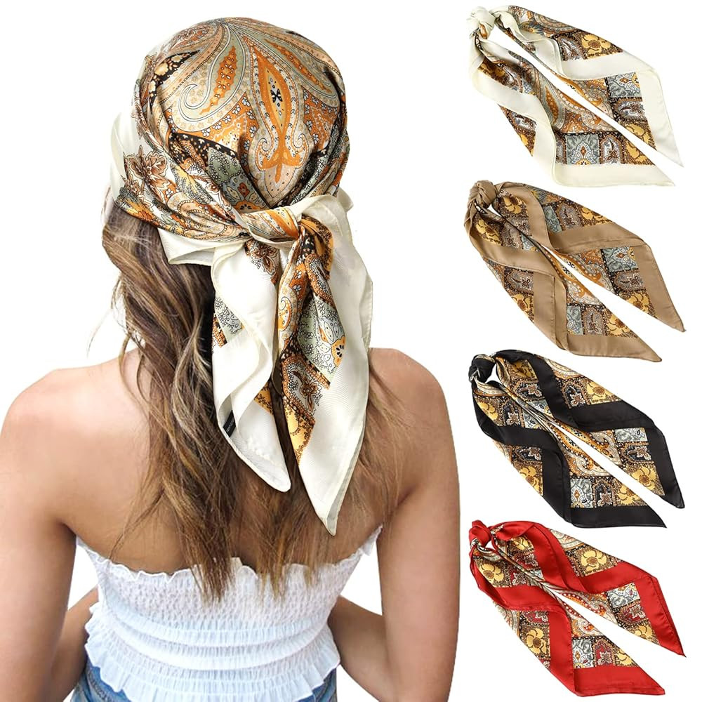 CHLINS 27 Inches Silk Feeling Square Head Scarf - 4 Pcs Satin Square Head Scarves for Women Hair ... | Amazon (US)
