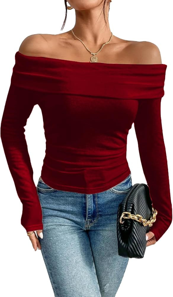 LQI Women's Sexy Off Shoulder Tops Long Sleeve Y2K Tops Slim Fit Blouse Going Out Nightout Crop T... | Amazon (US)