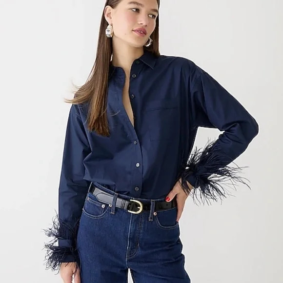 NWT J.Crew Feather-trim cotton poplin button-up shirt with collar | Poshmark