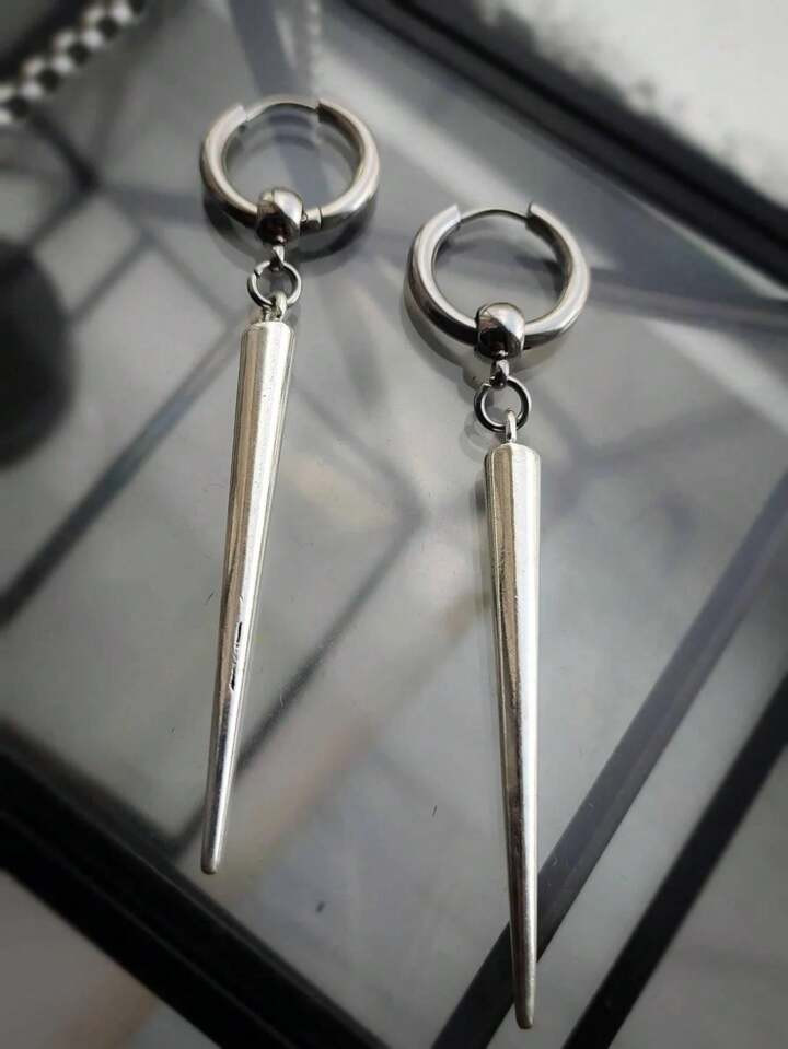 1 Pair Gothic Punk Rock Hip-Hop Style Silver Long Spike Huggie Hoop Earrings For Men And Women Da... | SHEIN