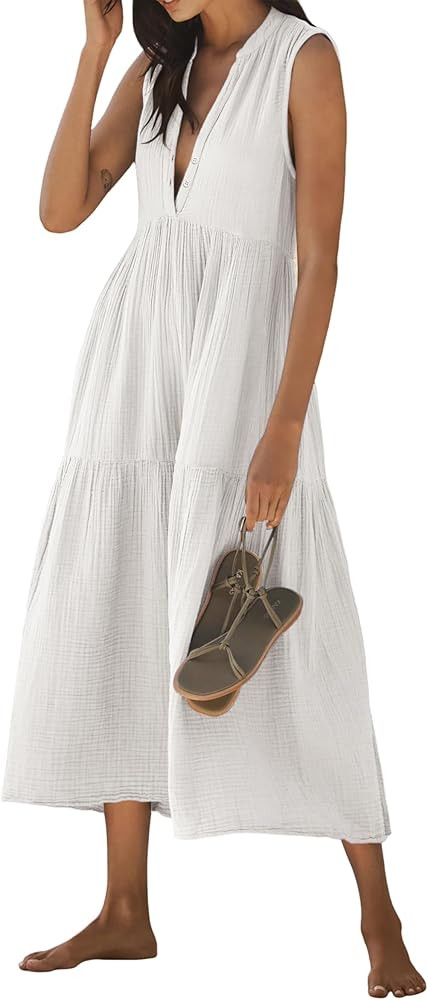 R.Vivimos 2026 Summer Cotton Maxi Dresses for Women Casual Sleeveless Button V Neck Tiered Loose ... | Amazon (US)