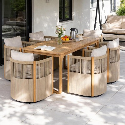 Christopher Knight Home Harrison Patio Modern Acacia Wood 7-Piece Dining Set 6 Swivel Rope Chairs, Light Teak/Beige | Target