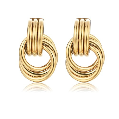 YREQUE Gold Stud Earrings for Women 14k Gold Plated Knot Earrings Stainless Steel Chunky Gold Earrings Statement Trendy Jewelry Gifts (Gold-Knot) | Amazon (US)