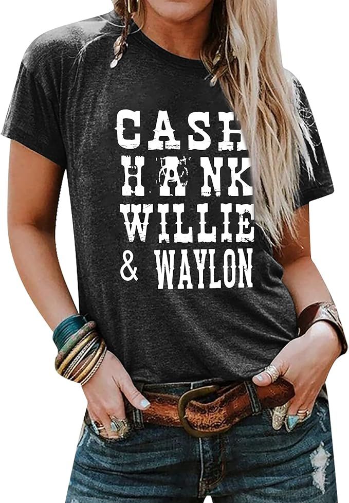 LUKYCILD Cash Hank Willie and Waylon Letter Print Top Women Country Music Shirt Tee | Amazon (US)